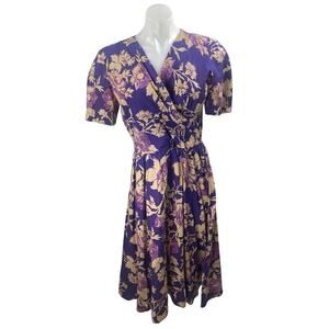 Liz Claiborne Purple Floral Short Sleeve Faux Wrap Fit & Flare Midi Dress Size 8